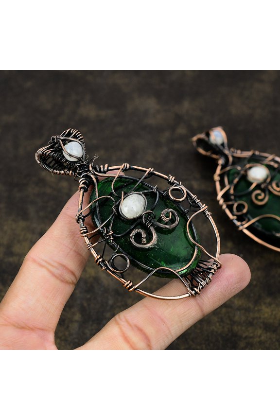 Natural Green Labradorite,Moonstone Gemstone Copper Wire Wrap Pendant 3.43"
