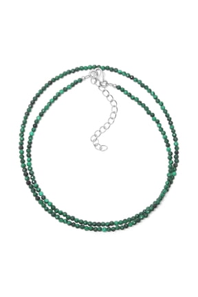 Natural Green Malachite Beaded Necklace, 2mm Micro Faceted Round Beads Necklace, Sterling Silver