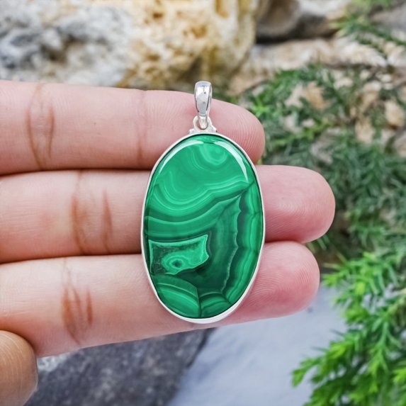 Natural Green Malachite Oval Shape Wedding Pendant Handmade 925 Sterling Silver Jewelry Cabochon Statement Pendant for Women Perfect Gift for Bridesmaids