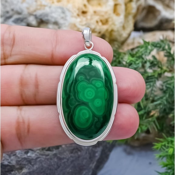 Natural Green Malachite Oval Shape Wedding Pendant Handmade 925 Sterling Silver Jewelry Cabochon Statement Pendant for Women Perfect Gift for Mother