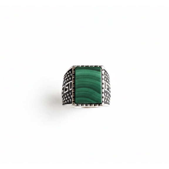 Natural Green Malachite Signet Ring, 925 Solid Sterling Silver, Handcrafted Greek Key Detailing