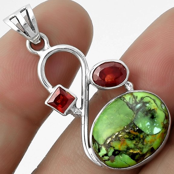 Natural Green Matrix Turquoise & Garnet 925 Silver Pendant Jewelry P-1027 SDP115515