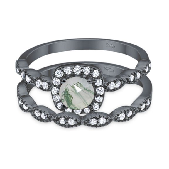 Natural Green Moss Agate Black Tone Silver Size-9 Two Piece Art Deco Round Vintage Style Cushion Cut Halo CZ Wedding Set Engagement Ring 925 Sterling Silver Gifts For Her