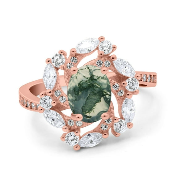 Natural Green Moss Agate Rose Tone Silver Size-7 Oval Vintage Style Cocktail Ring Floral Cluster Marquise CZ Wedding Engagement Ring 925 Sterling Silver Gifts For Her