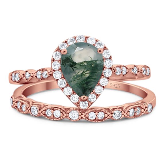 Natural Green Moss Agate Rose Tone Silver Size-8 Art Deco Two Piece Pear Teardrop Vintage Style Halo CZ Wedding Set Engagement Ring 925 Sterling Silver Gifts For Her