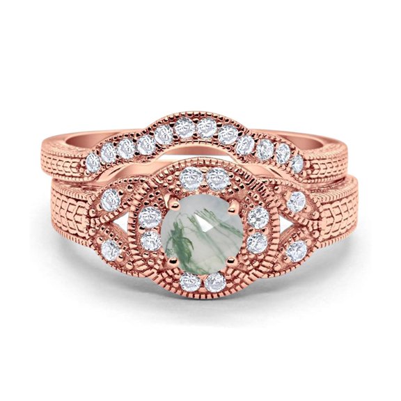 Natural Green Moss Agate Rose Tone Silver Size-9 Two Piece Art Deco Round Leaf Style Beaded Curved Band CZ Wedding Set Engagement Ring 925 Sterling Silver Gifts For Her