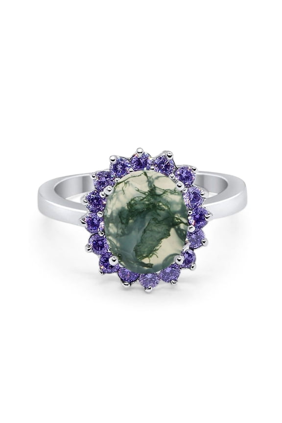 Natural Green Moss Agate Size-10 Art Deco Oval Vintage Style Floral Halo Amethyst CZ Wedding Engagement Ring For Women 925 Sterling Silver Gifts For Her