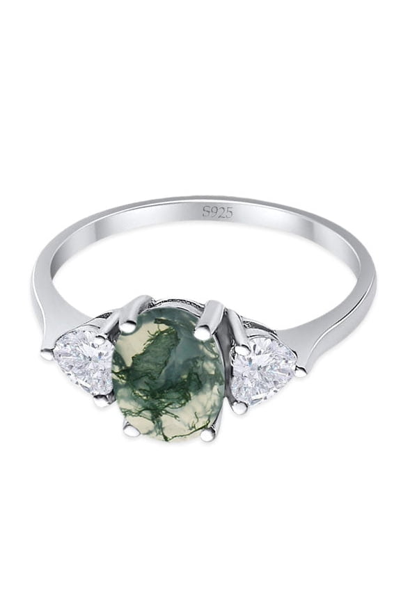 Natural Green Moss Agate Size-10 Art Deco Three Stone Oval Trellis Ring Two Heart Cubic Zirconia Vintage Style Wedding Engagement Ring 925 Sterling Silver