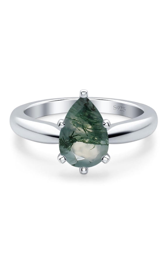 Natural Green Moss Agate Size-10 Minimalist Pear Teardrop Solitaire Cathedral Ring Vintage Style Wedding Engagement Ring 925 Sterling Silver Gifts For Her