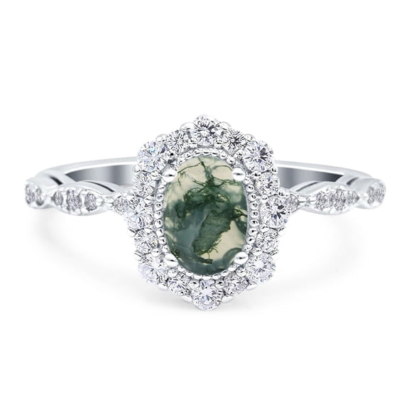 Natural Green Moss Agate Size-5 Art Deco Oval Floral Vintage Rings Cluster Halo CZ Wedding Engagement Ring For Women 925 Sterling Silver Gifts For Her