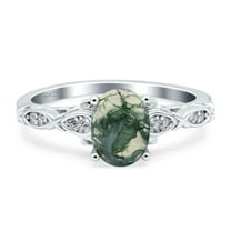 Natural Green Moss Agate Size-5 Art Deco Oval Vintage Rings Leaf Filigree Design CZ Wedding Engagement Ring For Women 925 Sterling Silver Gifts For Her