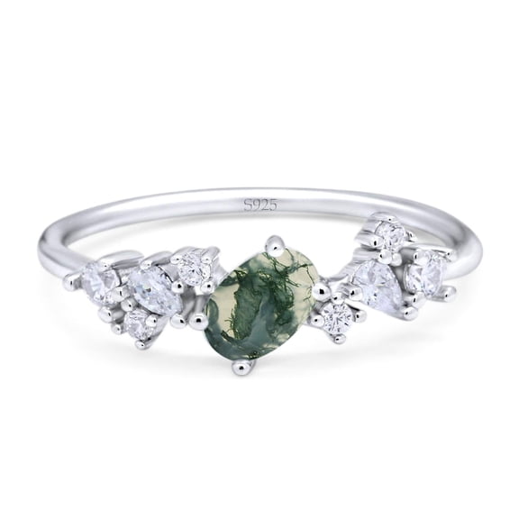 Natural Green Moss Agate Size-5 Art Deco Oval Vintage Style Cluster CZ Wedding Engagement Rings For Women 925 Sterling Silver Gifts For Her