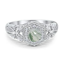 Natural Green Moss Agate Size-5 Art Deco Round Beaded Filigree Vintage Rings Hexagonal Halo CZ Wedding Engagement Ring 925 Sterling Silver Gifts For Her