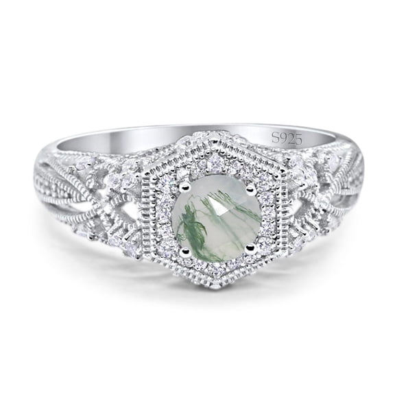 Natural Green Moss Agate Size-5 Art Deco Round Beaded Filigree Vintage Rings Hexagonal Halo CZ Wedding Engagement Ring 925 Sterling Silver Gifts For Her