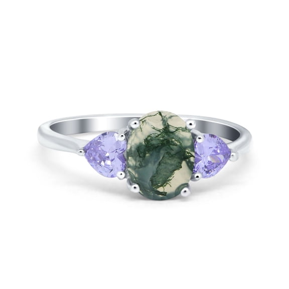 Natural Green Moss Agate Size-5 Art Deco Three Stone Oval Trio Ring Two Heart Lavender CZ Wedding Engagement Ring 925 Sterling Silver Gifts For Her
