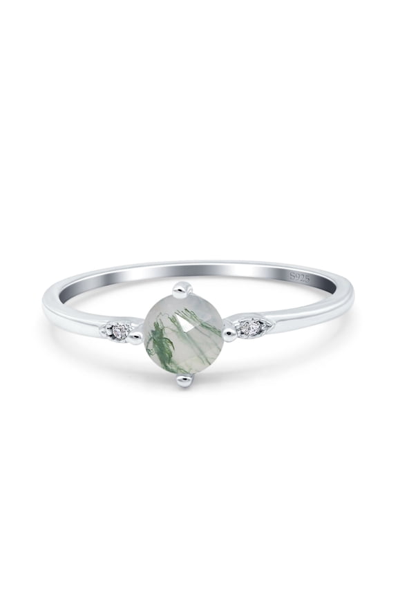 Natural Green Moss Agate Size-5 Minimalist Round Solitaire Classic Vintage Style CZ Wedding Engagement Rings For Women 925 Sterling Silver Gifts For Her
