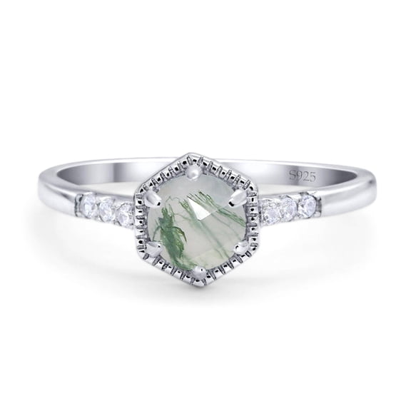 Natural Green Moss Agate Size-5 Minimalist Round Vintage Style Hexagonal Shaped CZ Wedding Engagement Rings For Women 925 Sterling Silver