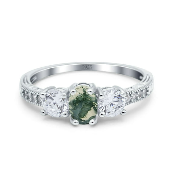 Natural Green Moss Agate Size-5 Three Stone Art Deco Oval Trio Ring Vintage Style CZ Wedding Engagement Ring 925 Sterling Silver Gifts For Her