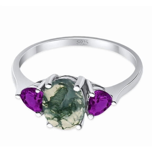 Natural Green Moss Agate Size-5 Three Stone Oval Trio Ring Two Heart Amethyst CZ Wedding Engagement Ring 925 Sterling Silver Gifts For Her