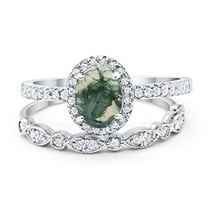 Natural Green Moss Agate Size-5 Two Piece Oval Half Eternity Band Vintage Style Halo CZ Wedding Set Engagement Ring 925 Sterling Silver Gifts For Her