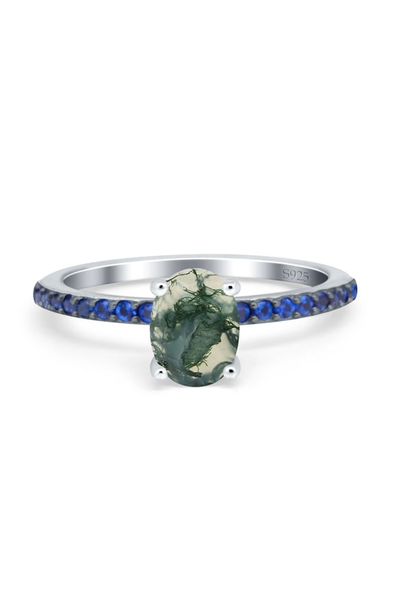 Natural Green Moss Agate Size-6 Art Deco Oval Vintage Style Blue Sapphire CZ Two Tone Wedding Engagement Ring 925 Sterling Silver Gifts For Her