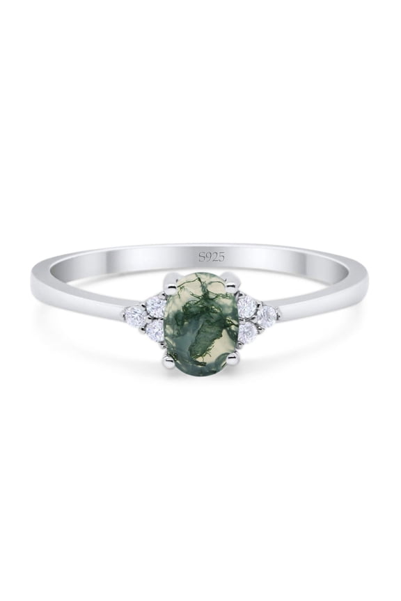 Natural Green Moss Agate Size-6 Art Deco Ring Oval Vintage Style Three Stone CZ Wedding Engagement Rings For Women 925 Sterling Silver Gifts For Her