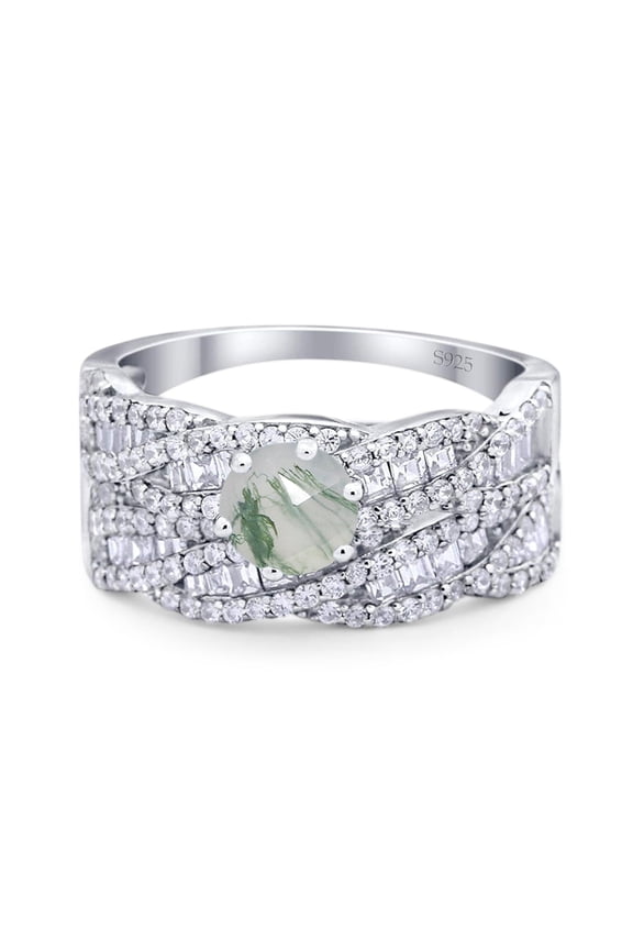 Natural Green Moss Agate Size-7 Two Piece Art Deco Round Infinity Ring Twisted Baguette Bridal Wedding Set Engagement Rings For Women 925 Sterling Silver