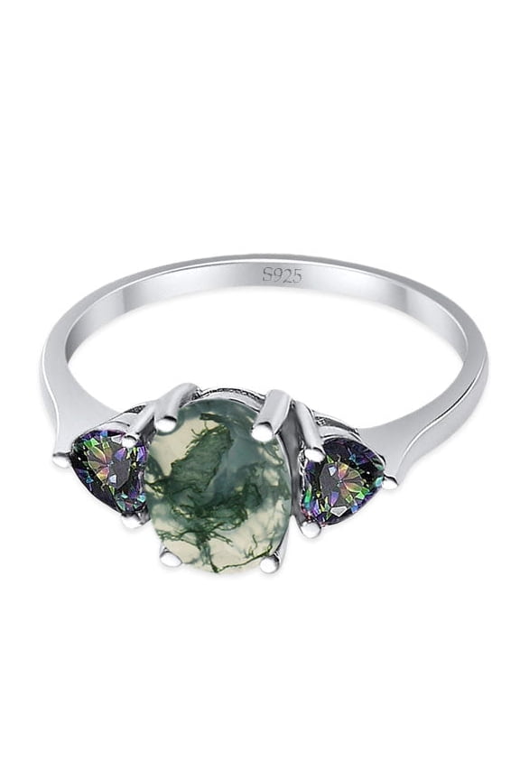Natural Green Moss Agate Size-9 Art Deco Three Stone Oval Trellis Ring Two Heart Rainbow CZ Wedding Engagement Ring 925 Sterling Silver