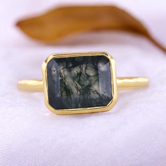 Natural Green Moss Agate Solitaire Ring Bezel Set Wedding Jewelry Yellow Gold Anniversary Ring Birthday Custom Gift For Her