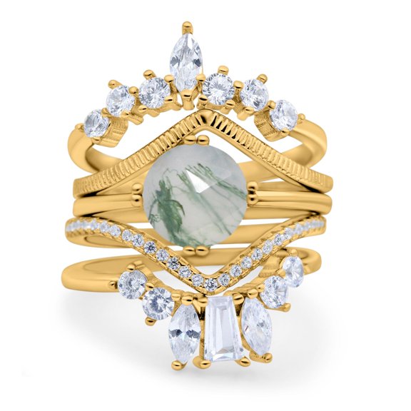 Natural Green Moss Agate Yellow Tone Silver Size-5 Three Piece Round Cocktail Vintage Style Chevron Crown Ring Wedding Set Engagement Ring 925 Sterling Silver Gifts For Her