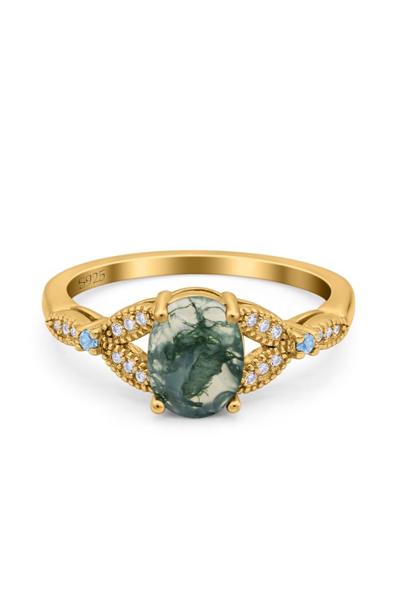 Natural Green Moss Agate Yellow Tone Silver Size-7 Art Deco Oval Vintage Style Split Shank Leaf Design Beaded Aquamarine CZ Wedding Engagement Ring 925 Sterling Silver