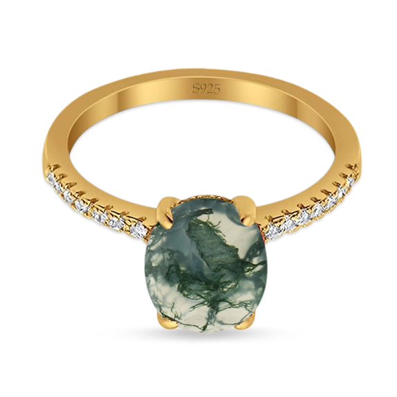 Natural Green Moss Agate Yellow Tone Silver Size-8 Minimalist Oval Classic Vintage Style CZ Wedding Engagement Rings For Women 925 Sterling Silver Gifts For Her