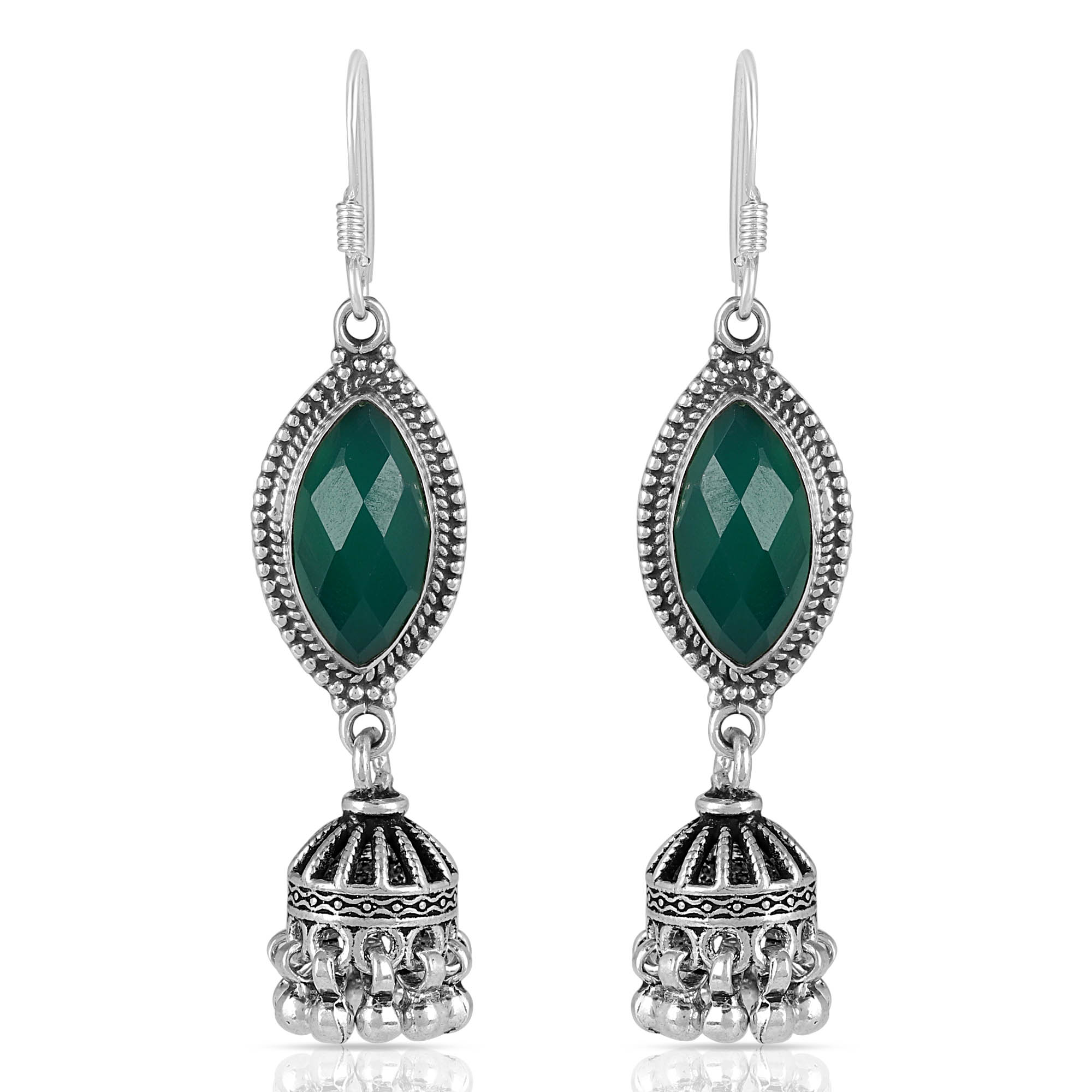 Natural Green Onyx Dangle Earrings for Women in 925 Sterling Silver – Handmade 15x8 mm Marquise Gemstones, 57 mm Long Boho Drop Earrings with Fish Hook Backs, Statement Jewelry Gift