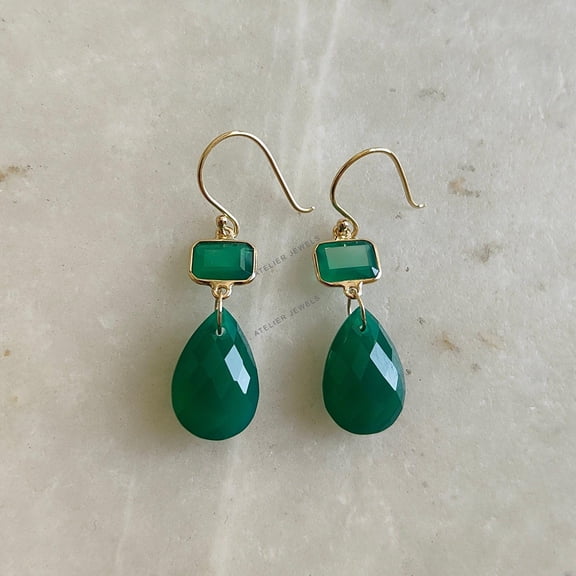Natural Green Onyx Earrings ,14K Sloid Yellow Gold Earrings, May Birthstone Earrings, Onyx Drop Earrings, Christmas Present