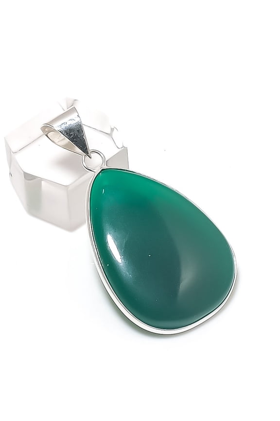 Natural Green Onyx Gemstone 925 Sterling Silver Jewelry Pendant 1.77"