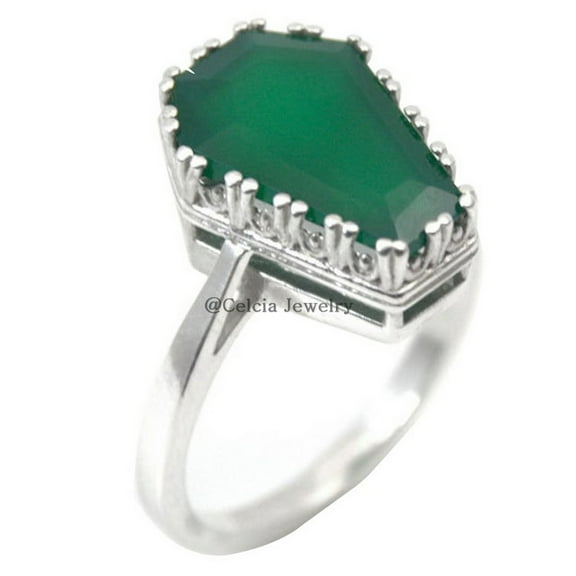 Natural Green Onyx Gemstone Coffin Ring, Handmade 925 Sterling Silver Jewelry For Women, Statement Proposal Ring, Anniversary Gifts For Women, Unique Giftable Ring (green-onyx, Size 7)