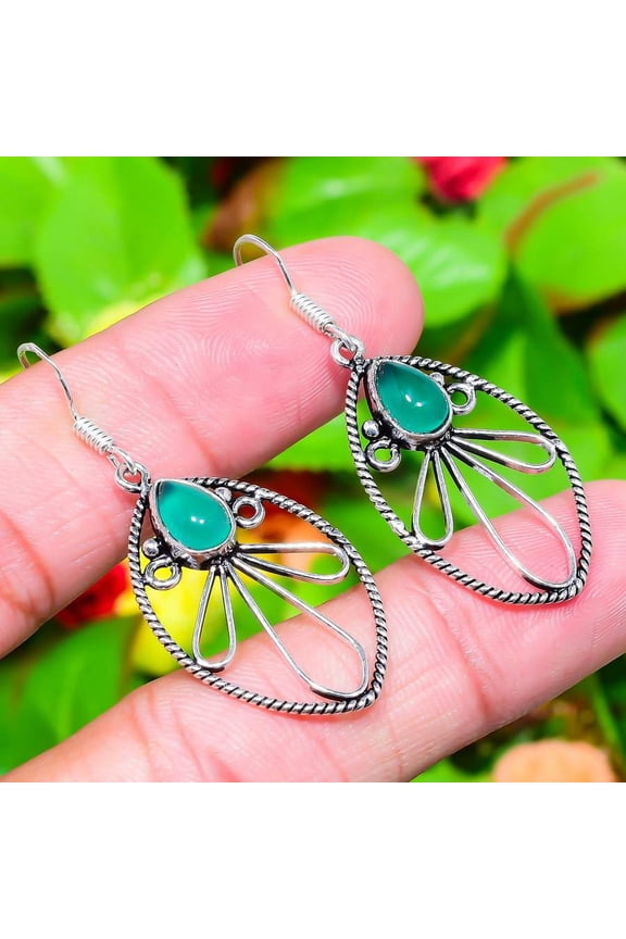 Natural Green Onyx Gemstone Handmade 925 Sterling Silver Earring 2.01"