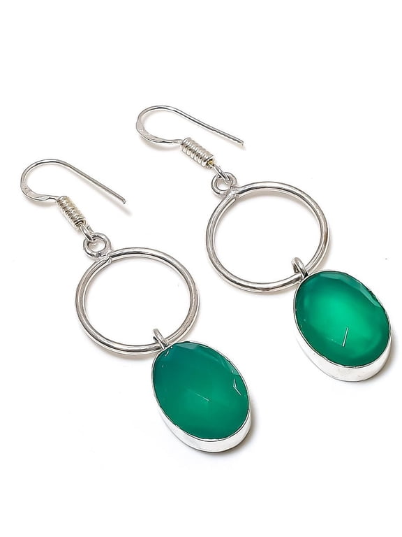 Natural Green Onyx Gemstone Handmade 925 Sterling Silver Gift Earring 2.25"