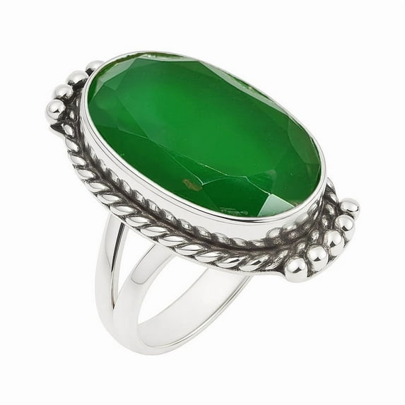 Natural Green Onyx Gemstone Vintage Ring – Handmade Oxidized Silver Jewelry, Fashion Statement Ring for Women Ring Size US 10.5