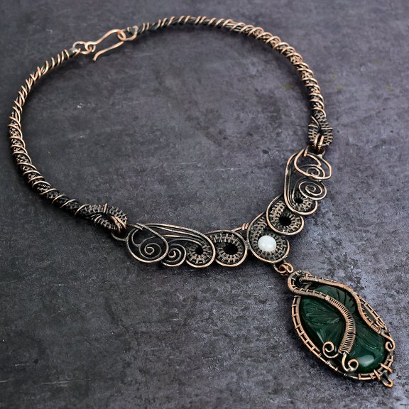 Natural Green Onyx, Moonstone Copper Wire Wrap Jewelry Necklace 18"