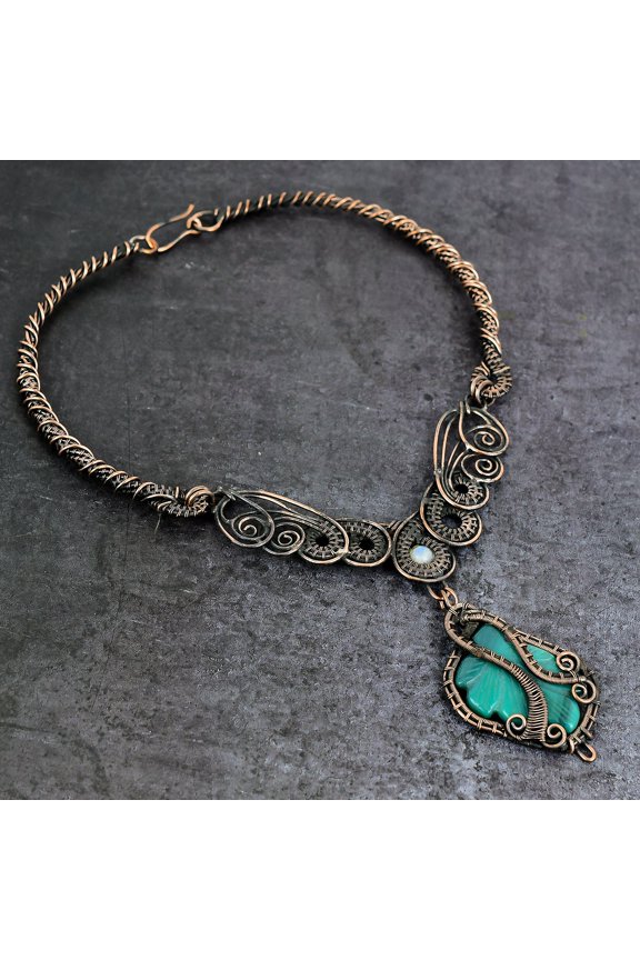 Natural Green Onyx, Moonstone Copper Wire Wrap Jewelry Necklace 18"
