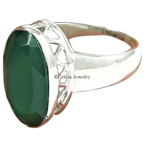 Natural Green Onyx Womens Ring, Genuine 925 Sterling Silver, Green Stone Faceted Cut Oval Shape Ring, Unique Women Gifts, Mom Gifts, Promise Ring, Solitaire Ring, Mothers Day Gifts Size 7