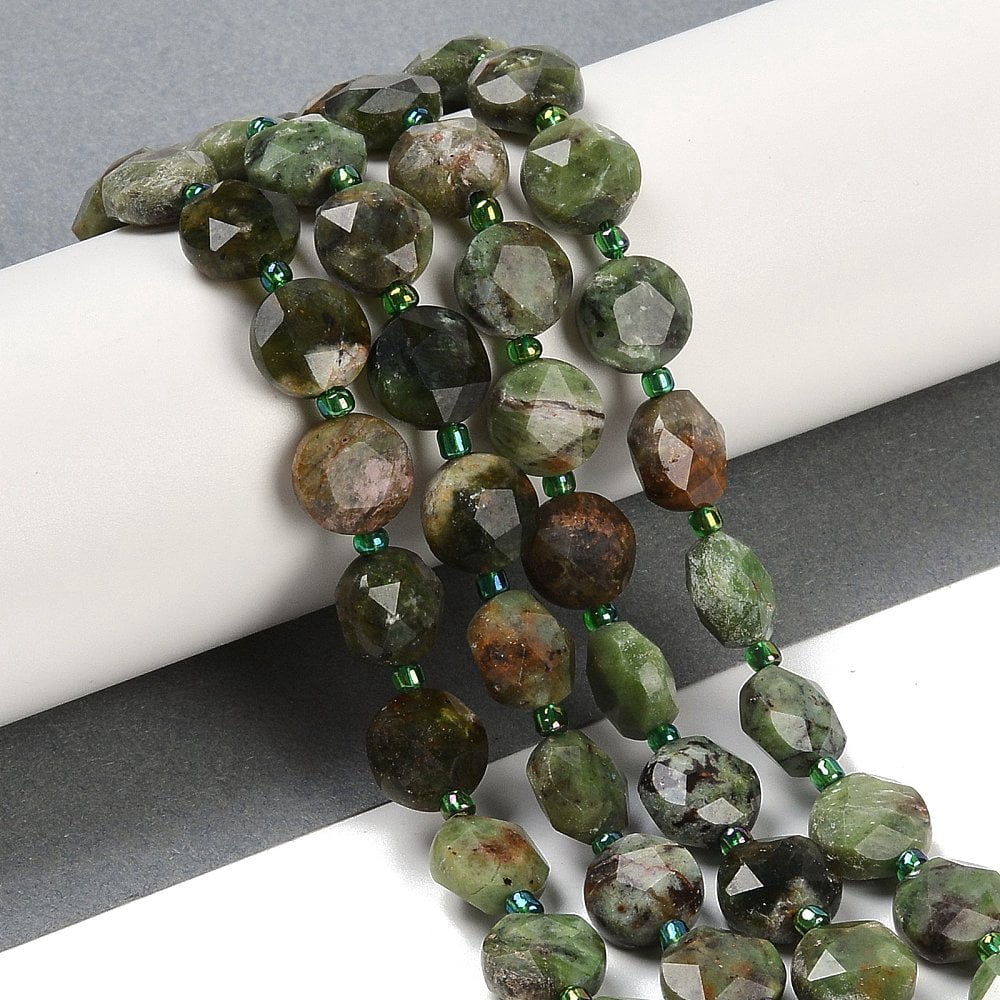 Natural Green Opal Beads Strands Faceted Pentagonal Cut Flat Round with Seed Beads 10~10.5x5~6mm Hole: 1mm about 32~33pcs/strand 15.75''(40cm)