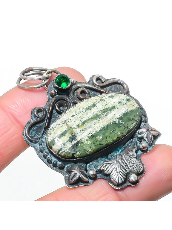 Natural Green Opal, Diopside 925 Sterling Silver Jewelry Pendant 2.25"
