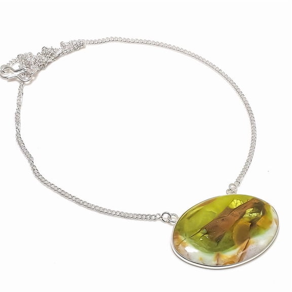 Natural Green Opal Gemstone 925 Sterling Silver Jewelry Necklace 18"