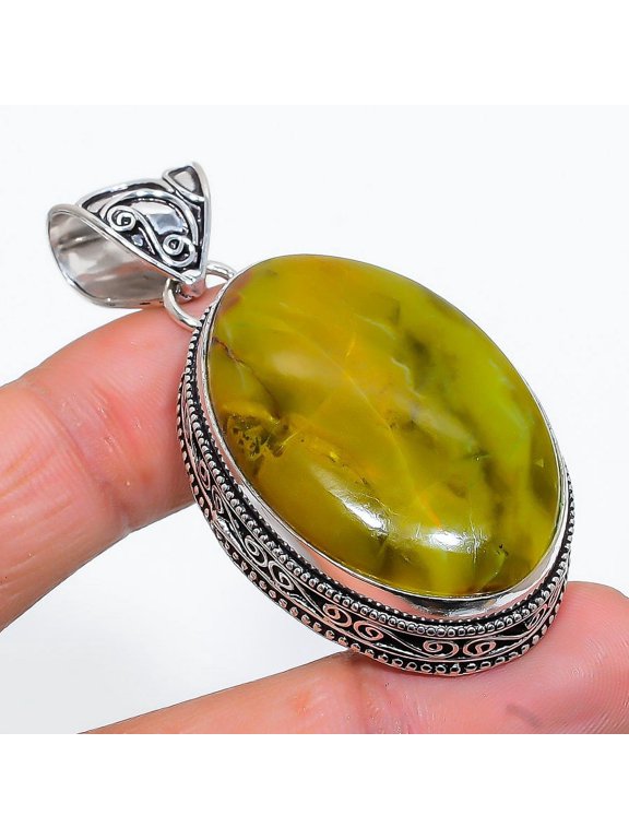 Natural Green Opal Gemstone Handmade 925 Sterling Silver Gift Pendant 2.17"