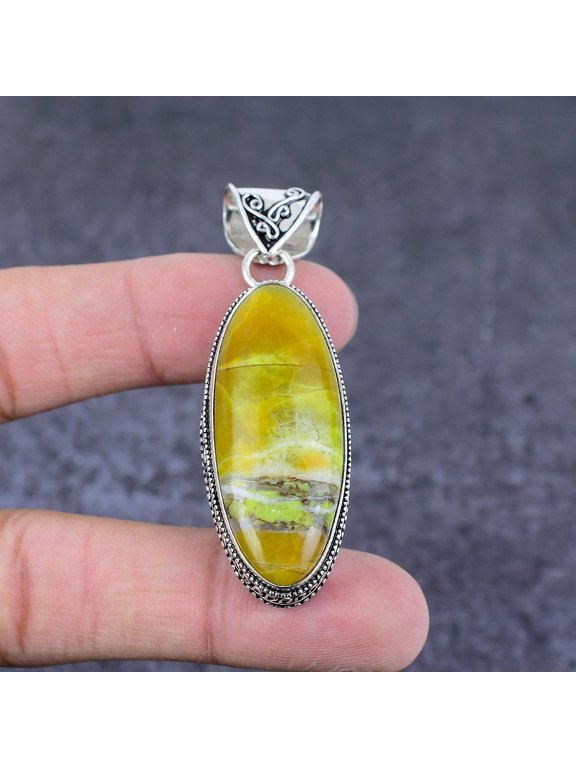 Natural Green Opal Gemstone Handmade 925 Sterling Silver Gift Pendant 2.44"