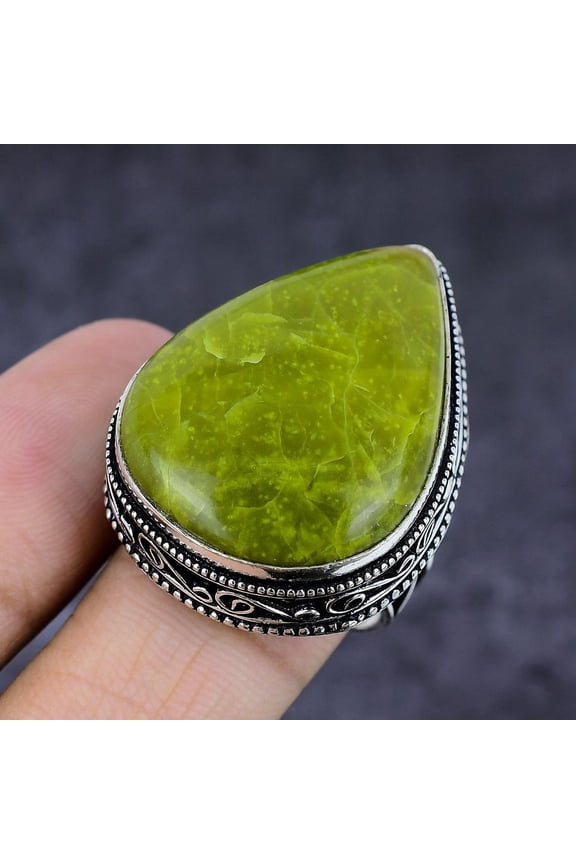 Natural Green Opal Gemstone Handmade 925 Sterling Silver Jewelry Ring S.10