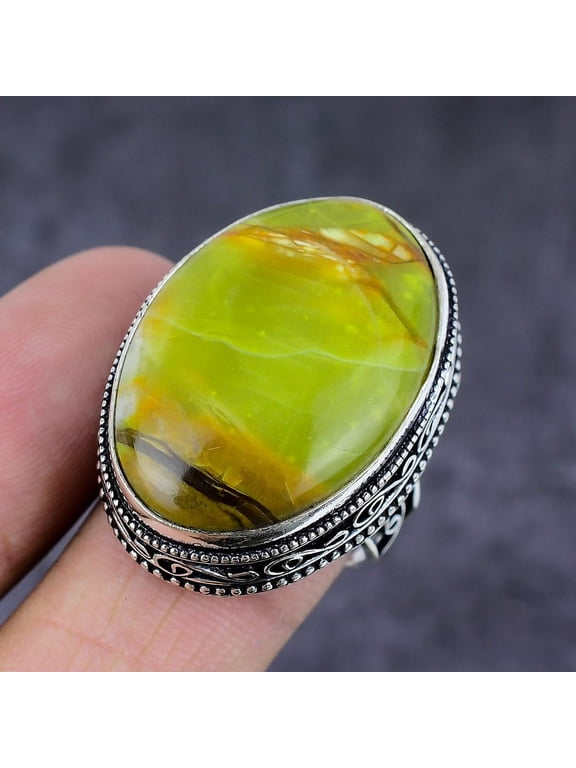 Natural Green Opal Gemstone Handmade 925 Sterling Silver Jewelry Ring S.8