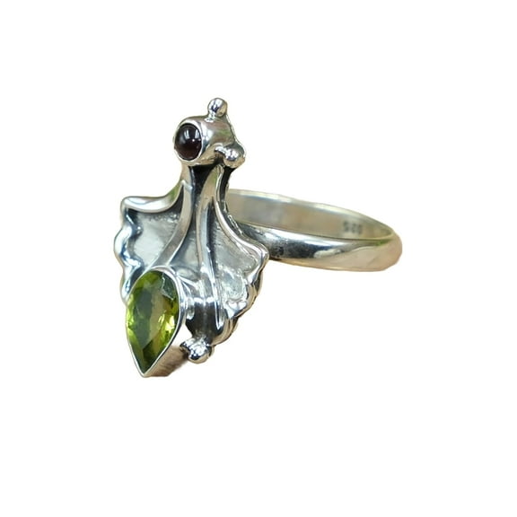 Natural Green Peridot and Red Garnet Stone 925 Sterling Silver Unique Design Ring Gift Jewelry